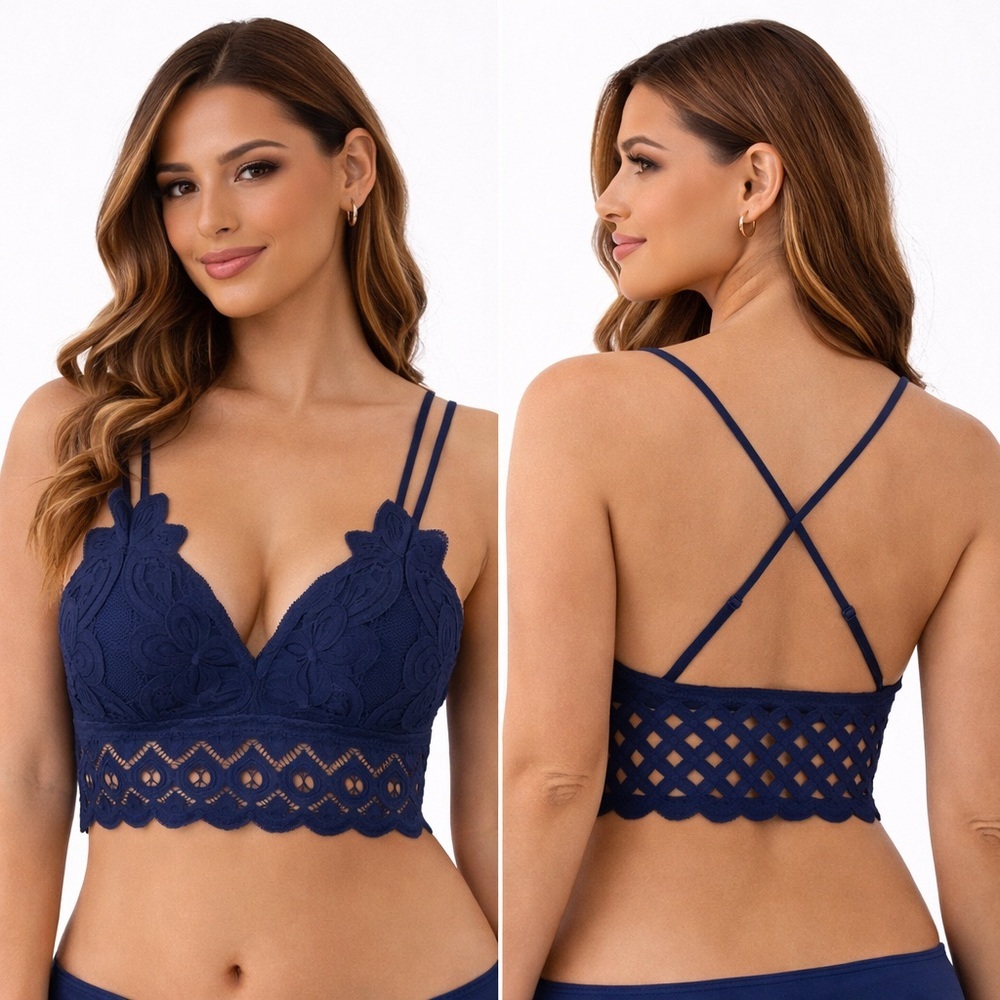 👉 Blue Crochet Lace Bralette – Diamond Smocking Back, Removable Pads (Boutique)